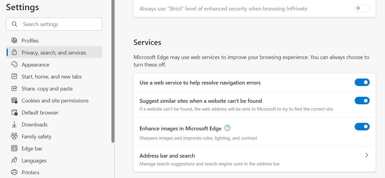 Services Settings in Microsoft Edge