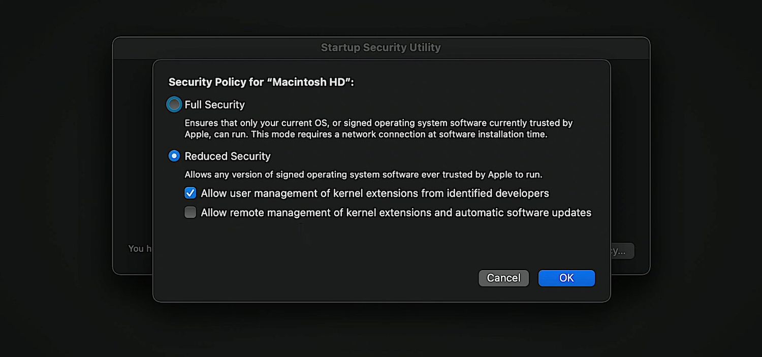 Startup Security Utility with an active Reduced Security policy.