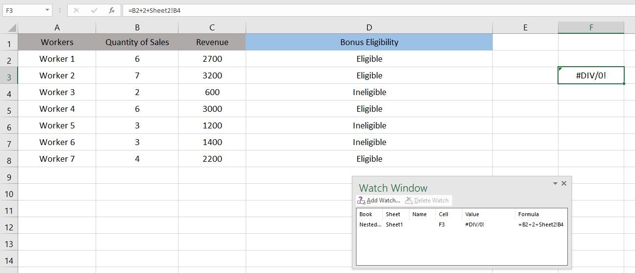 Watch Window Open Containing the Data of Cell in Microsoft Excel
