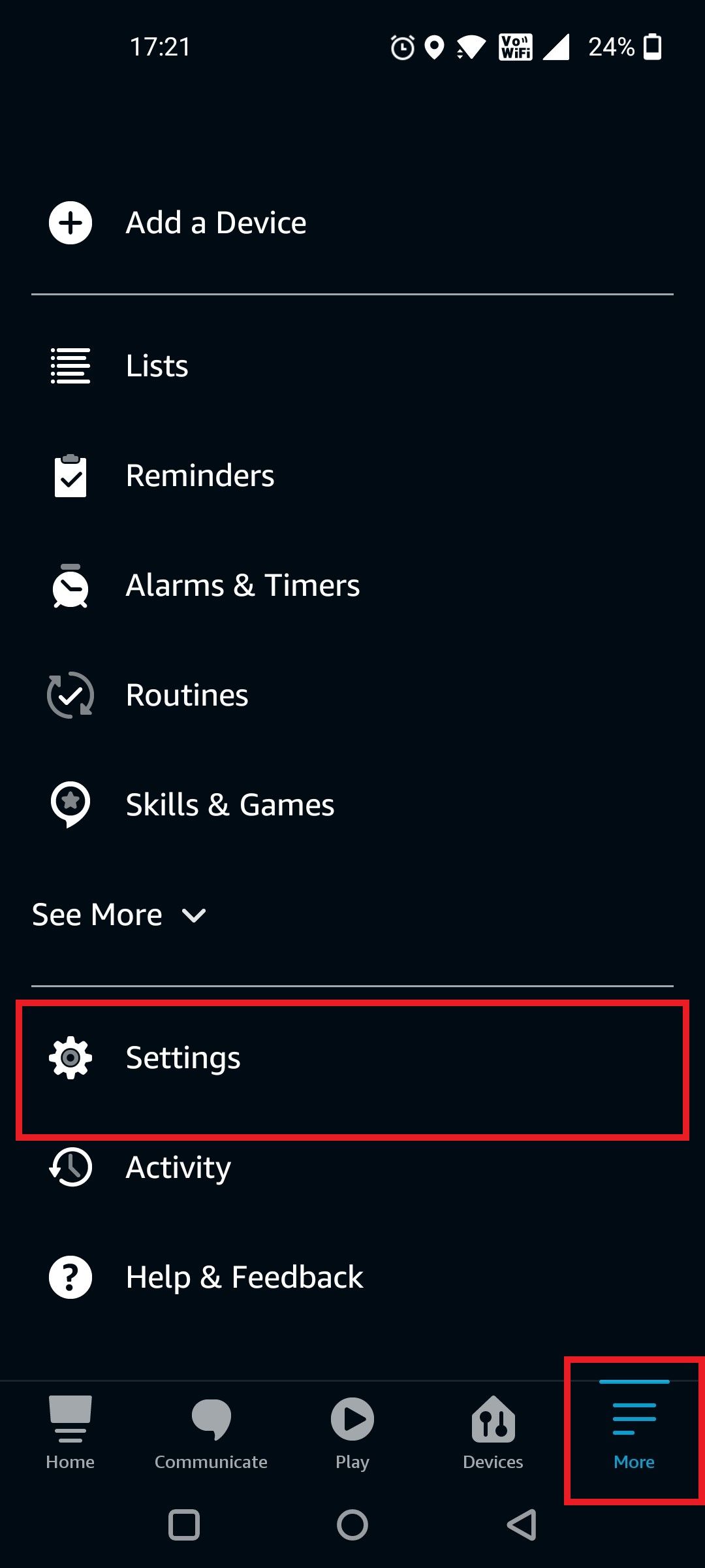 Tap On More Then Settings on Alexa App