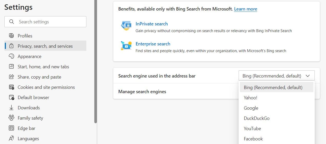 Changing Search Engine in Services Settings of Microsoft Edge Browser