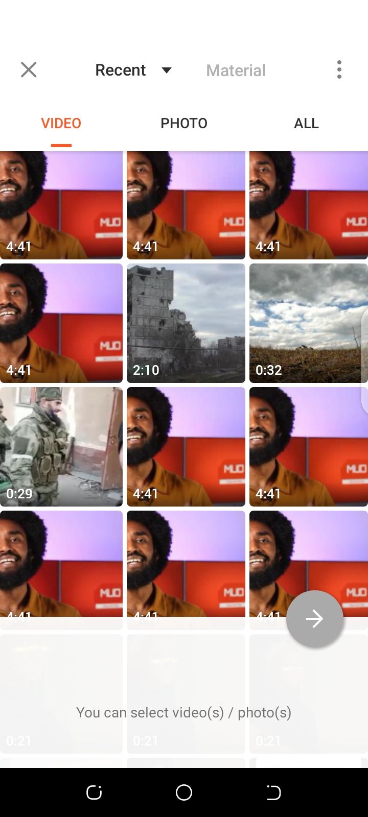 Selecting a video on the YouCut app