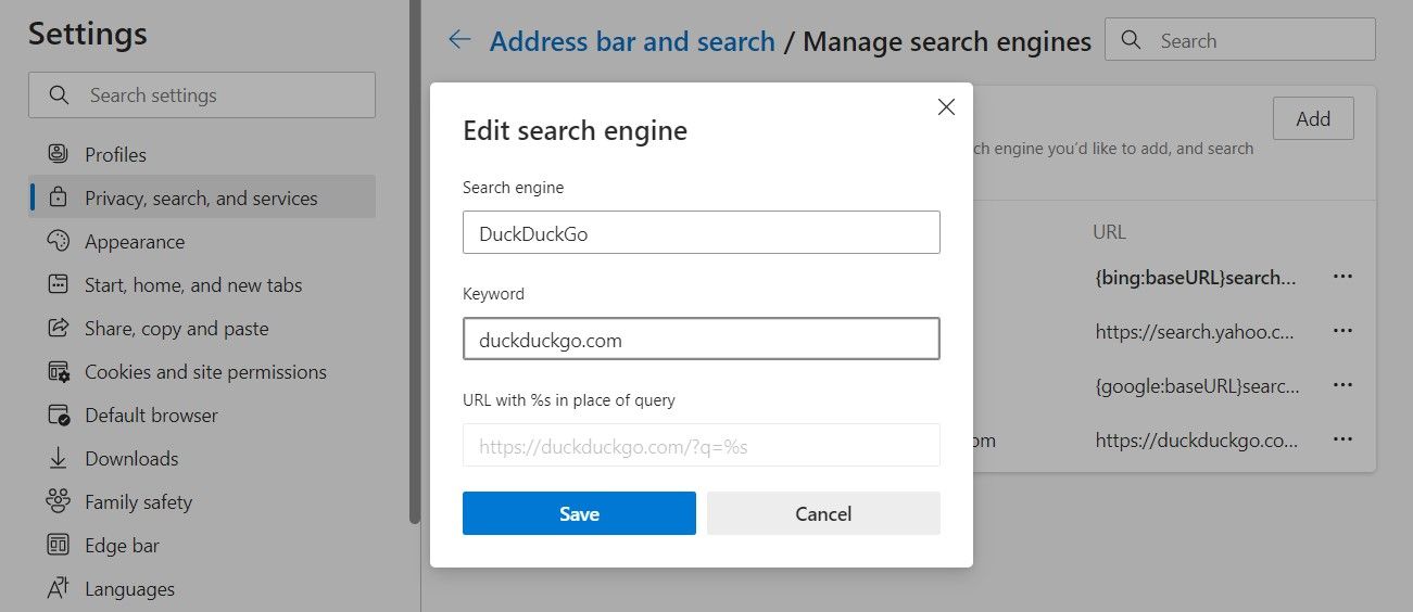 Adding DuckDuckGo As Search Engine in Microsoft Edge