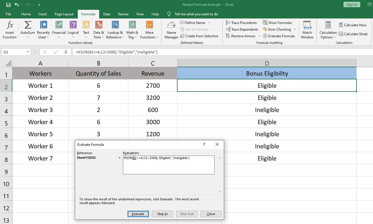 Evaluate Formula Box Evaluating the Formula in Microsoft Excel