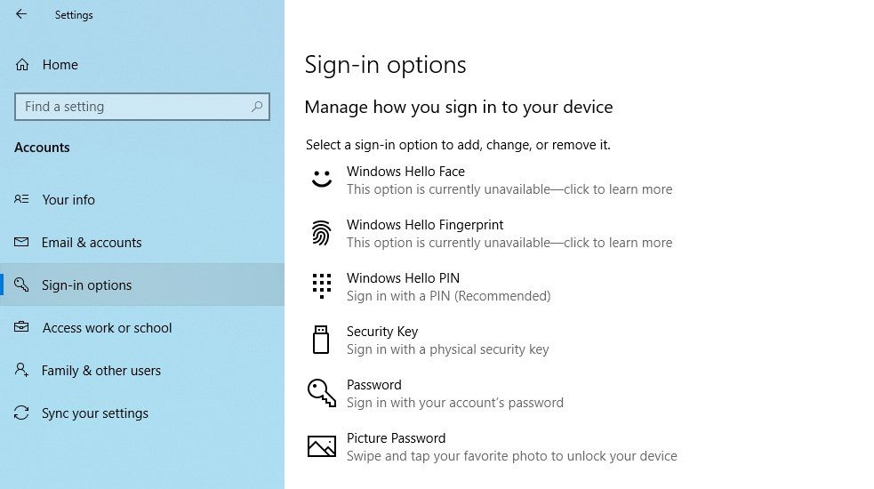 PIN do Windows Hello no aplicativo Configurações do Windows