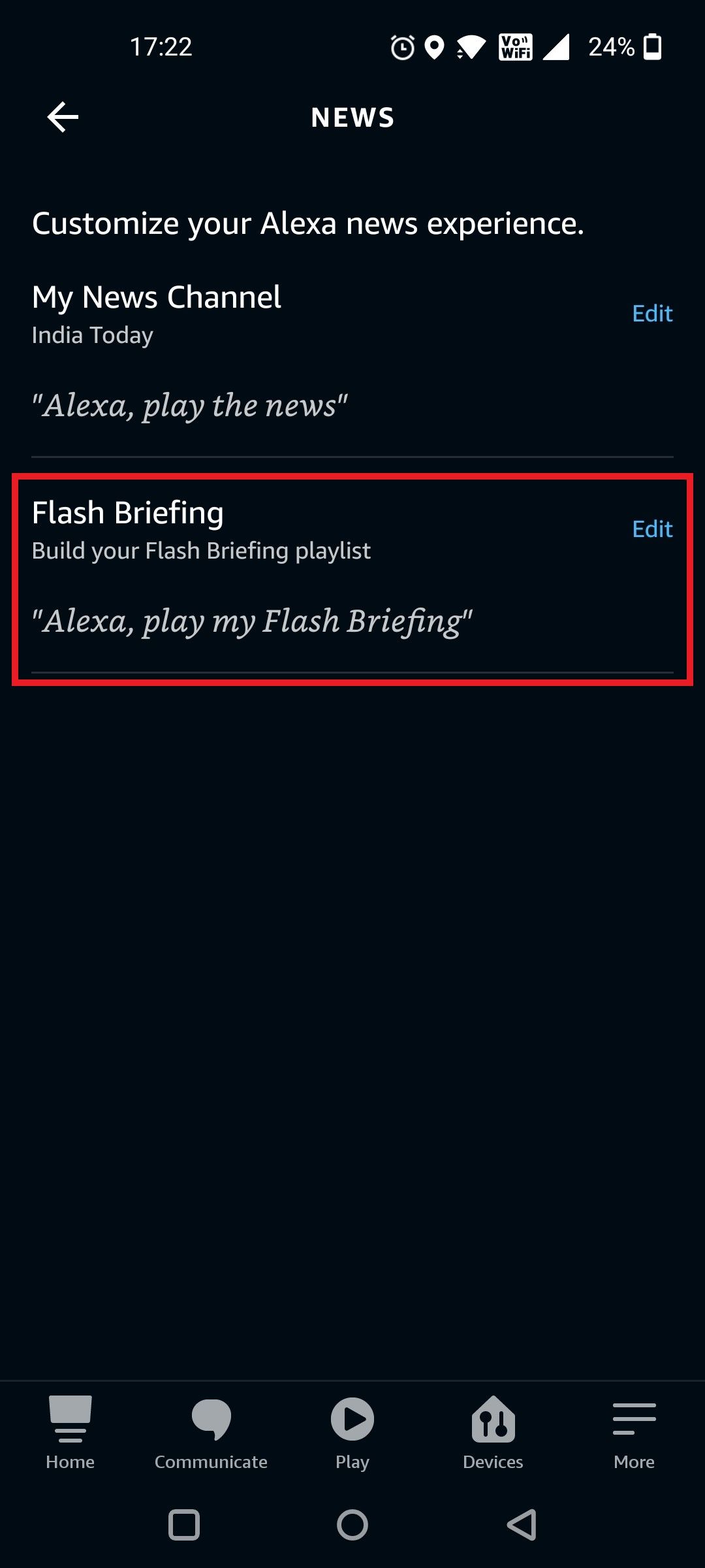 Tap on Flash Briefing on News Page