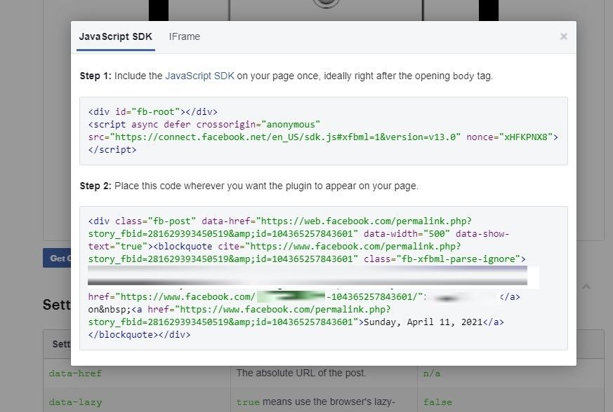 Extracting the Embed Code From Facebook Developers