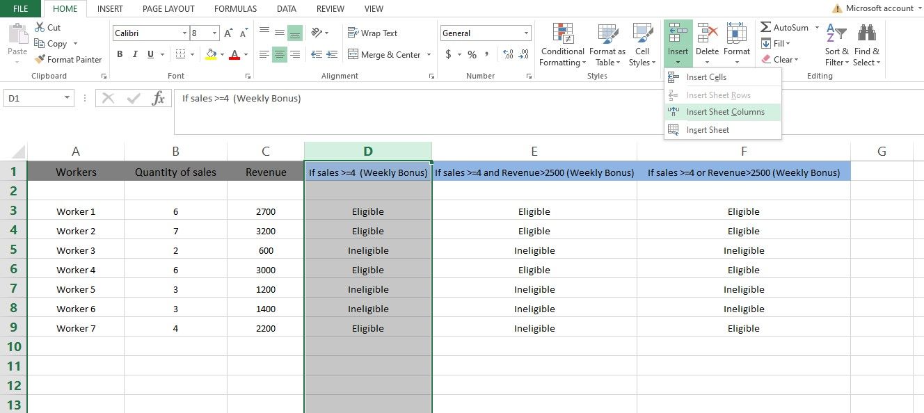 Inserting a New Column Using Insert Feature in Microsoft Excel