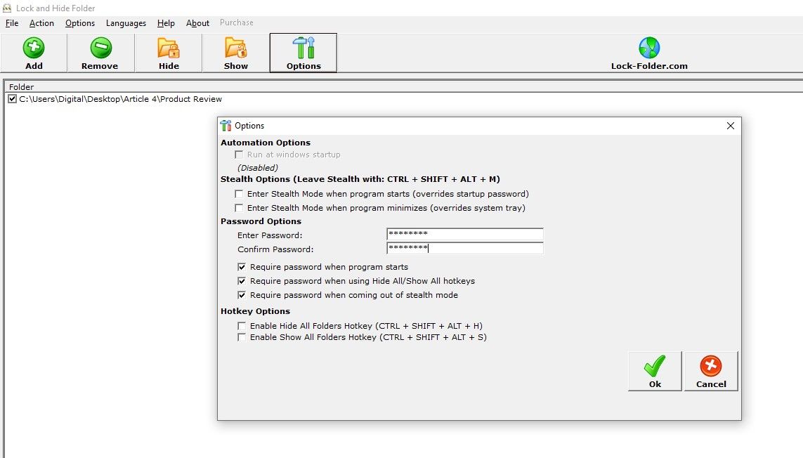 تنظیم رمز عبور برای دسترسی به پوشه ها در نرم افزار Lock and Hide Folder