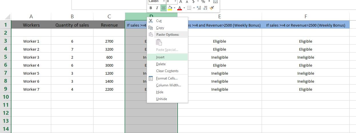 The Second Way to Use Insert Feature By Selecting the Column and Right-clicking in Microsoft Excel