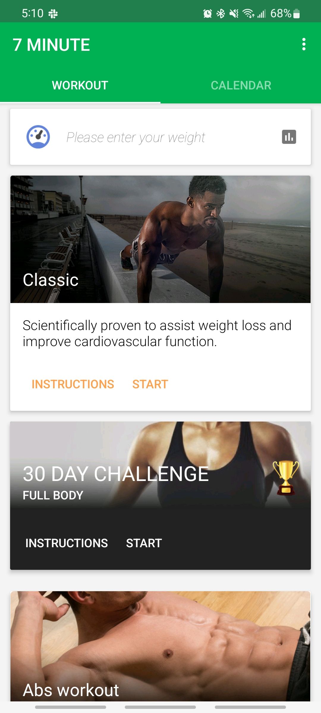 7 minute workout app home screen