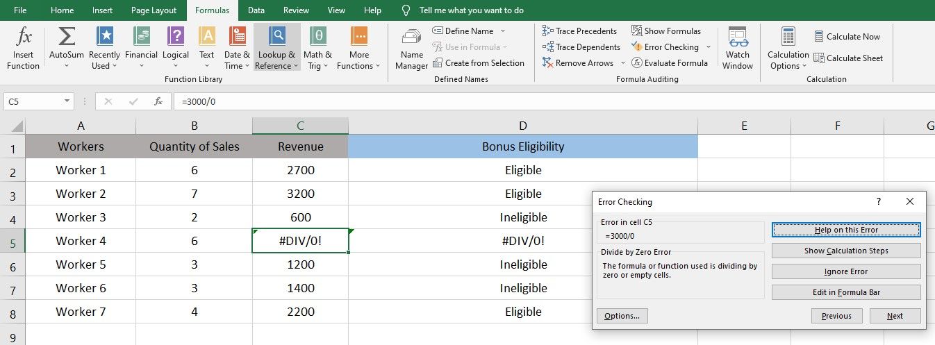 Error Checking Feature Showing Details of Specific Error In Microsoft Excel