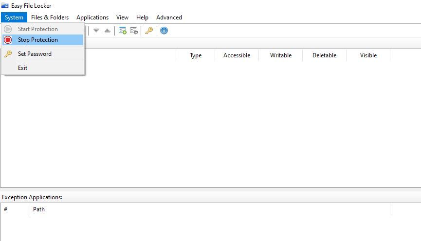 فشردن Stop Protection برای فرمان نرم افزار Easy File Locker برای توقف محافظت از فایل ها و پوشه ها