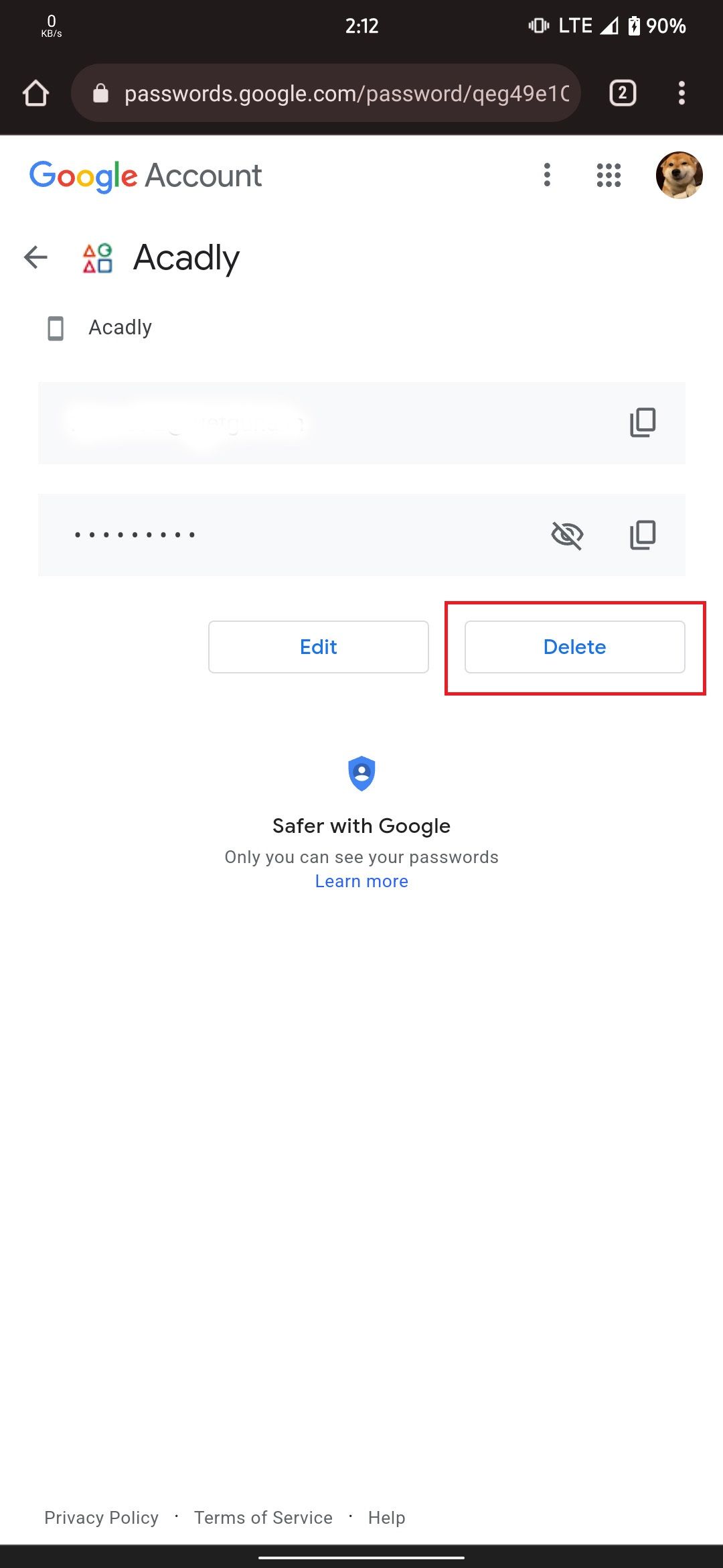 Account credentials page with delete option