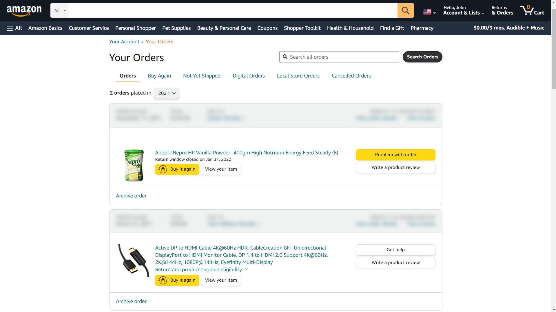 Amazon Your Orders page