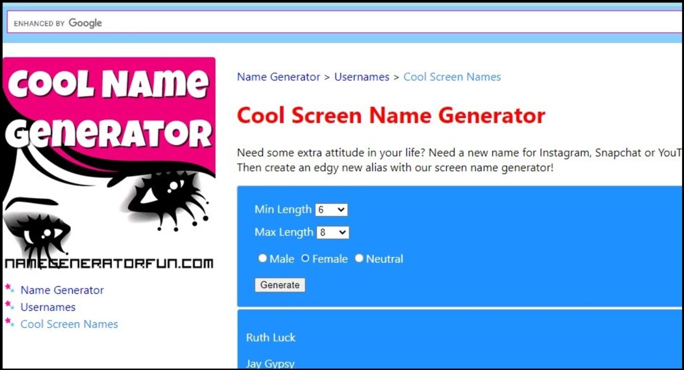 Screen names generated in the Cool Screen Name generator
