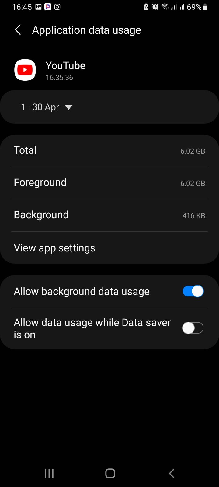 App data usage menu