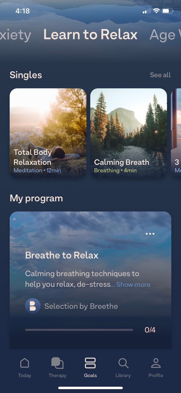 Breethe app Learn to Relax goal