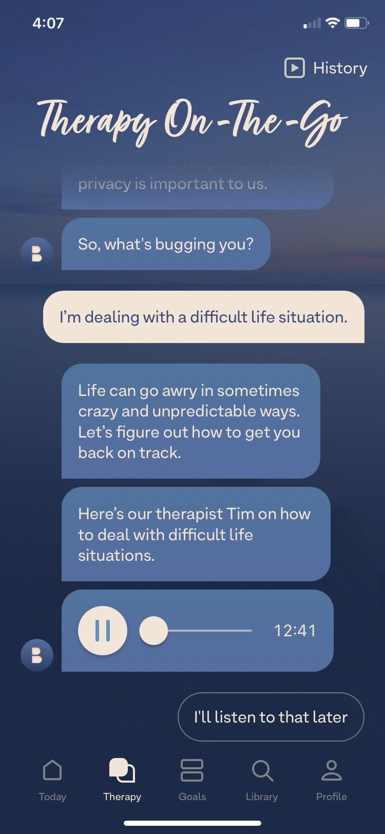 Breethe app therapy bot difficult life situation screen