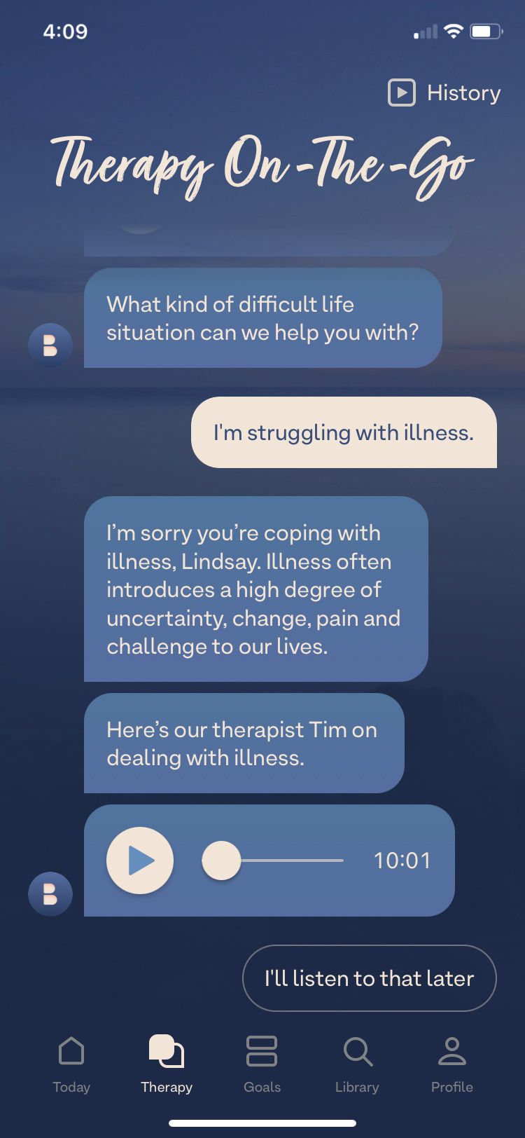 Breethe app therapy bot illness screen