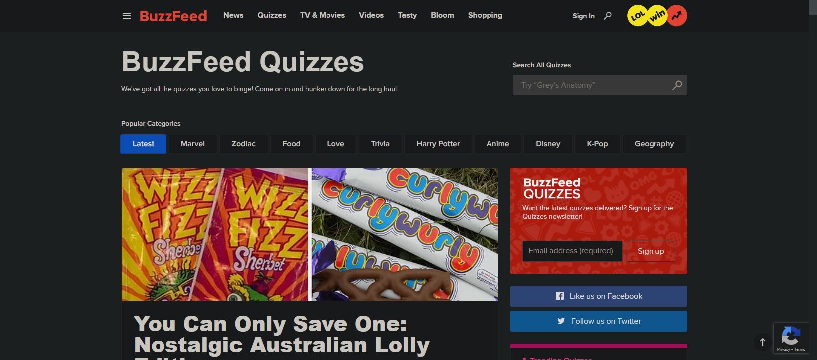 A Screenshot of BuzzFeed's Landing Page