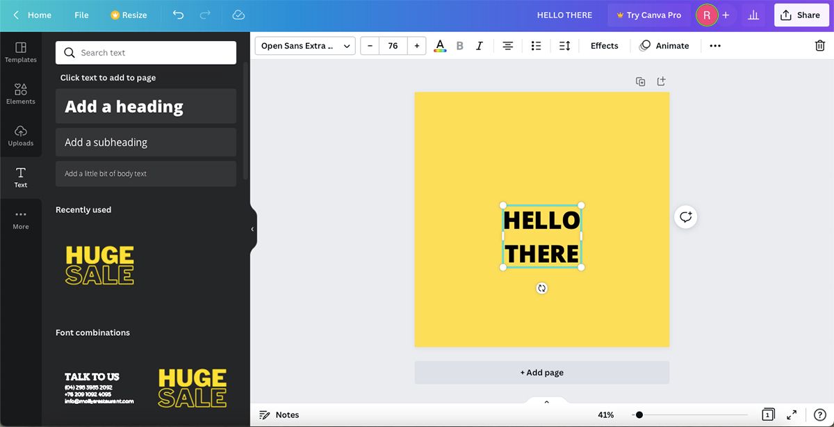 Canva canvas with yellow background and black text saying "HELLO THERE"