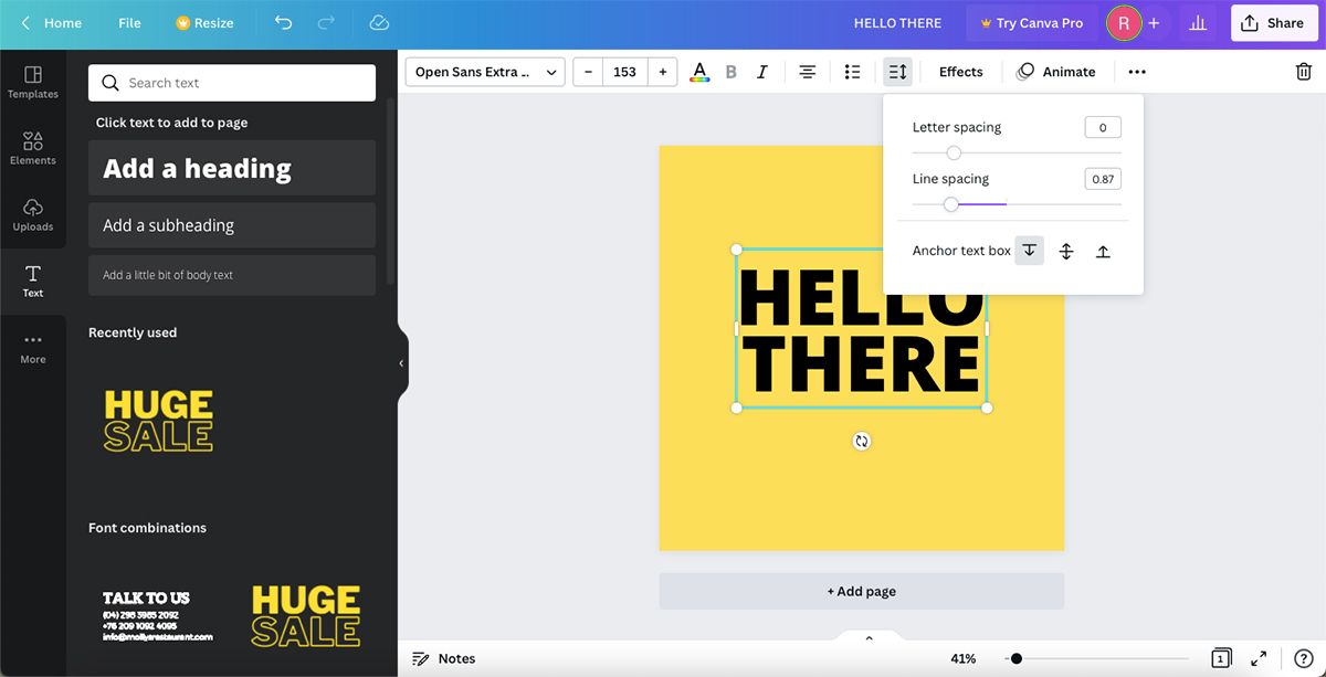 Canva line spacing tool, with yellow background and black text saying "HELLO THERE" with equal spacing.