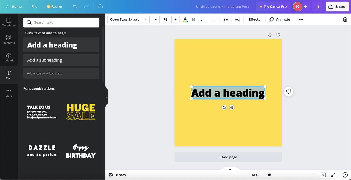 Canva text tool options with black text showing "Add a heading" on a yellow canvas.