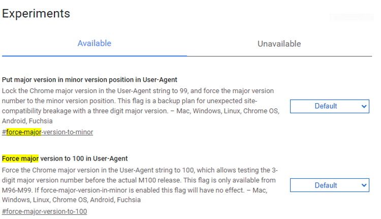 Enable or disable Chrome 100 User-Agent String flags