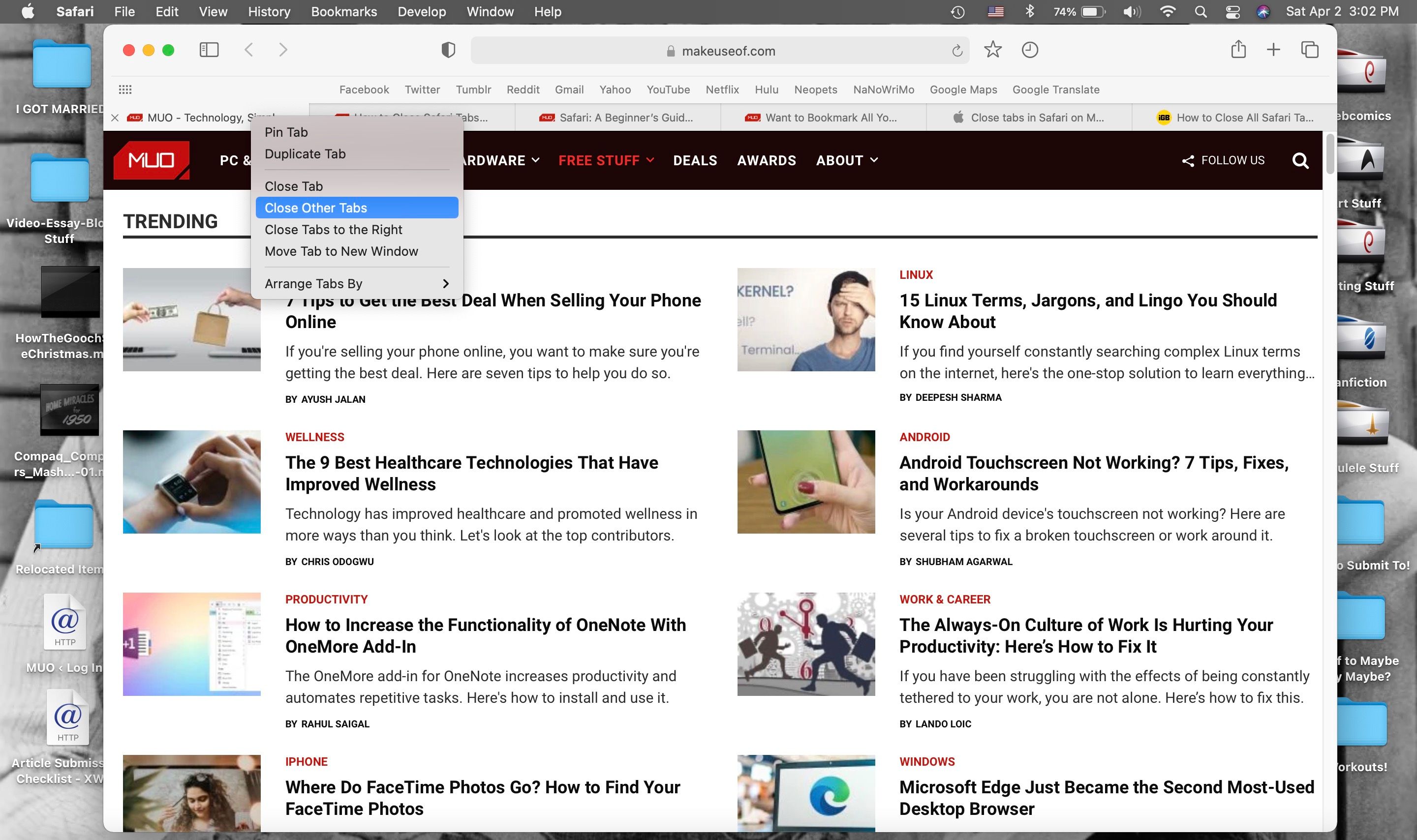Close Other Tabs highlighted in menu in Safari on Mac