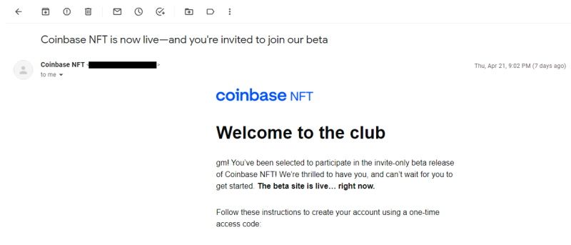 ایمیل دعوت NFT Coinbase