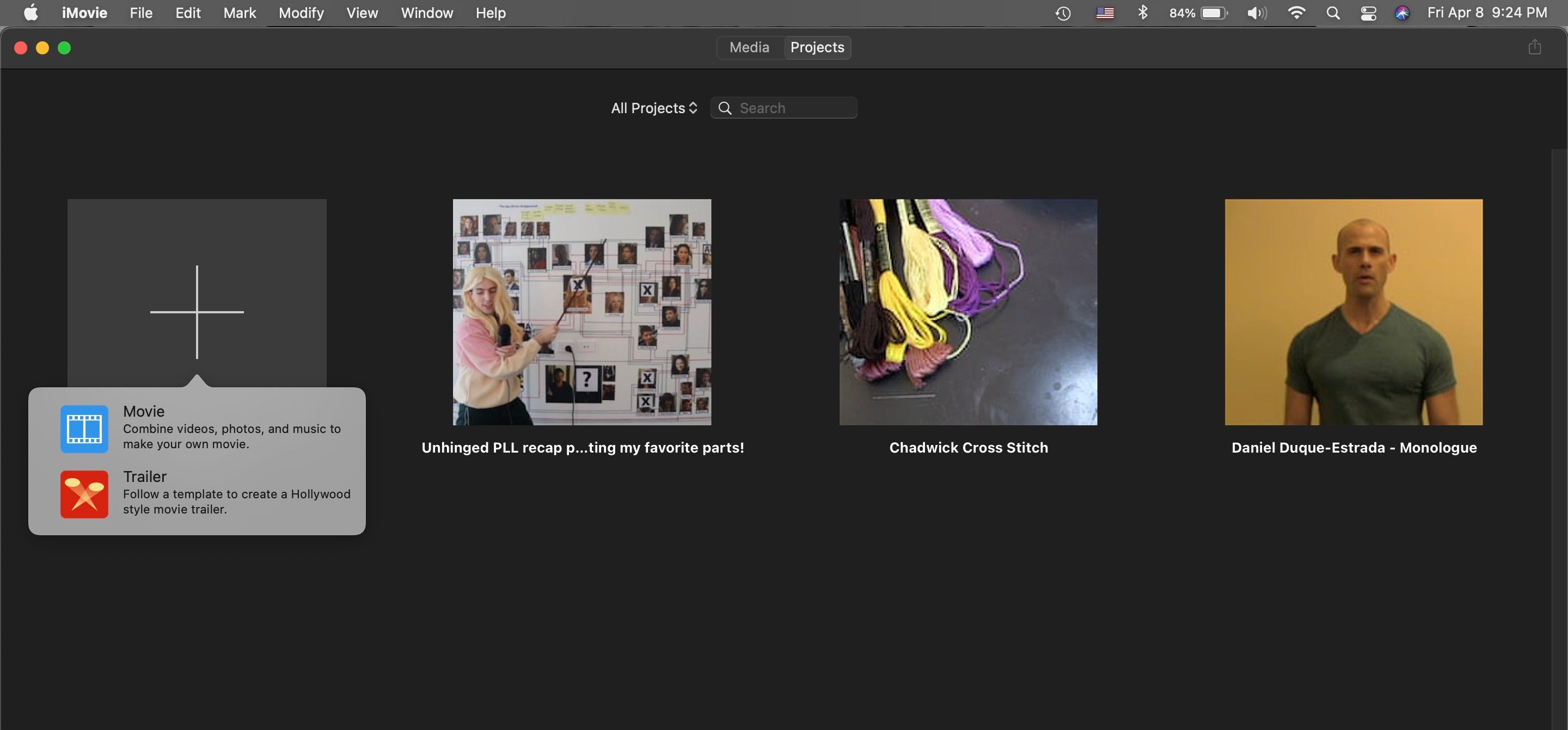 Create New Project selected in iMovie