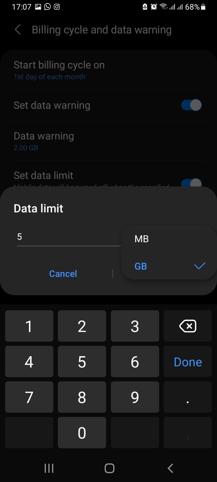 Data limit settings