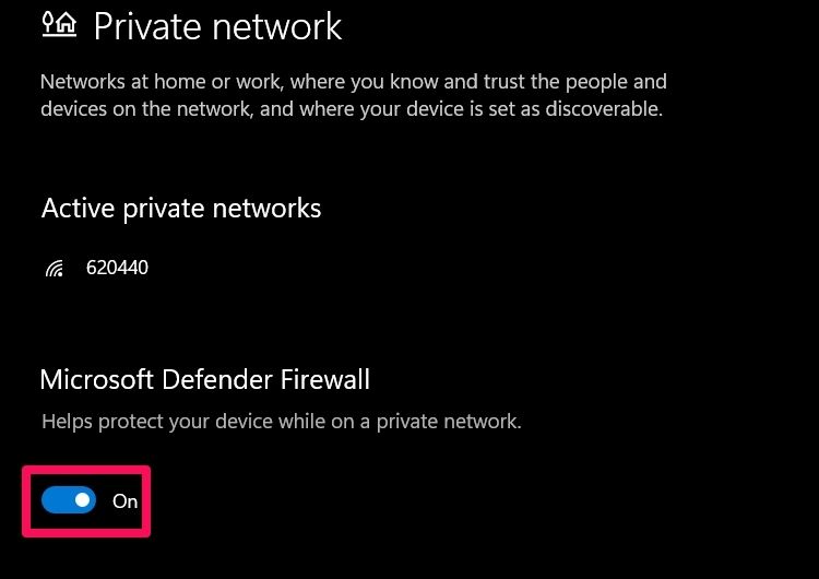 Window pointing at toggle present under Microsoft Defender Firewall