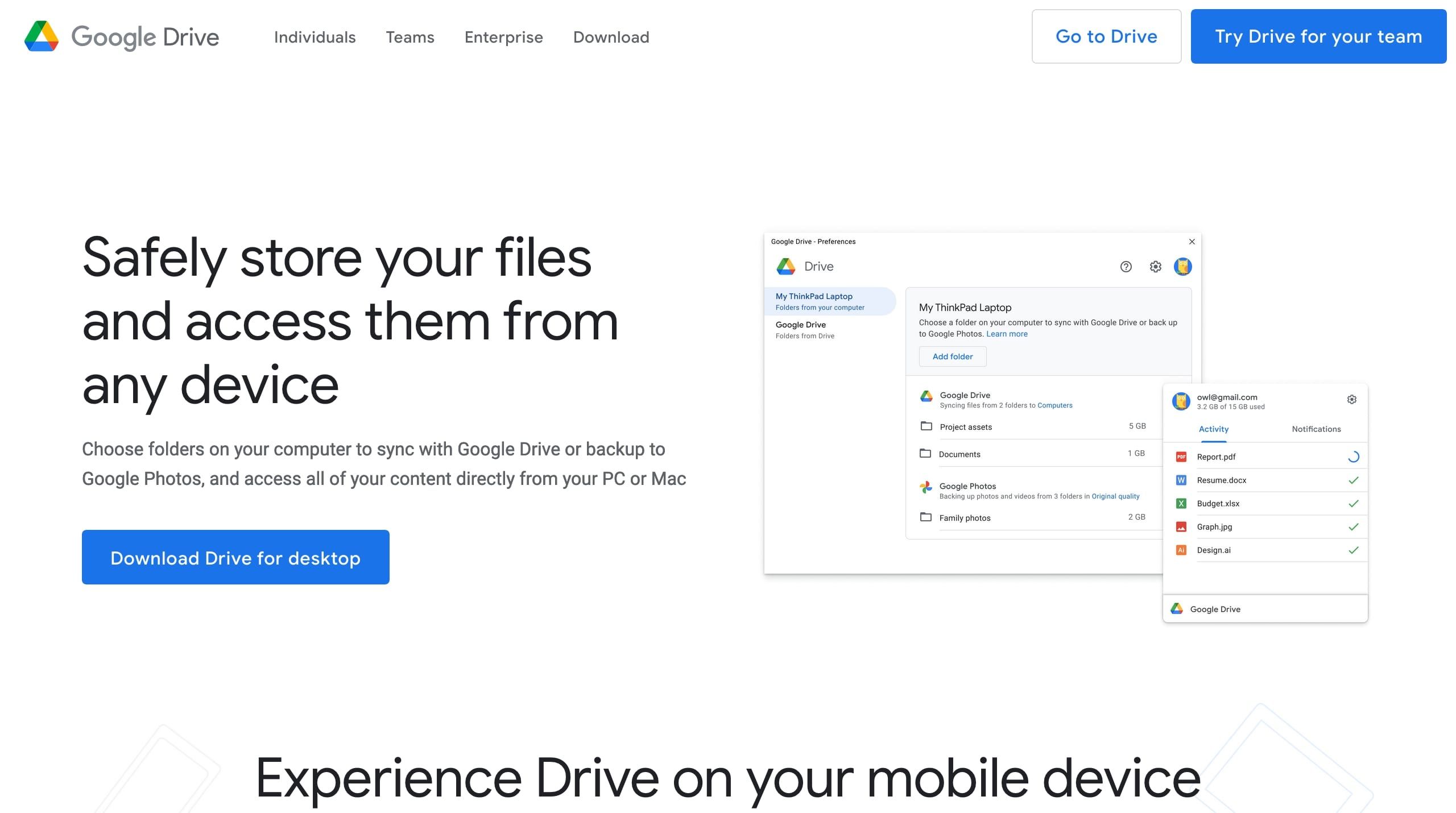 Download page for Google Drive for Desktop