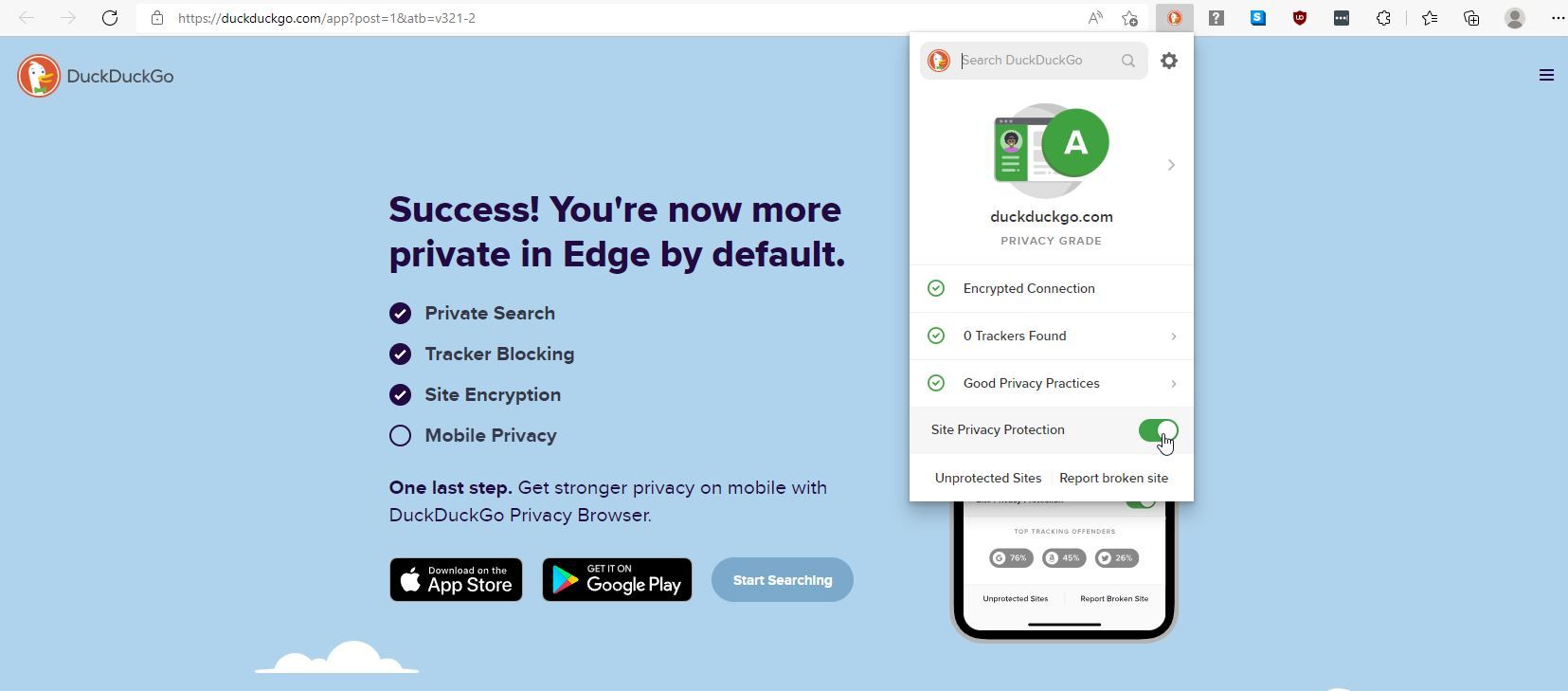 A Screenshot of DuckDuckGo Privacy Essentials in Use