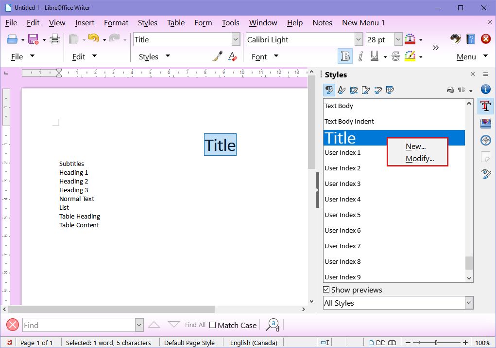 ویرایش یک سبک در LibreOffice Writer