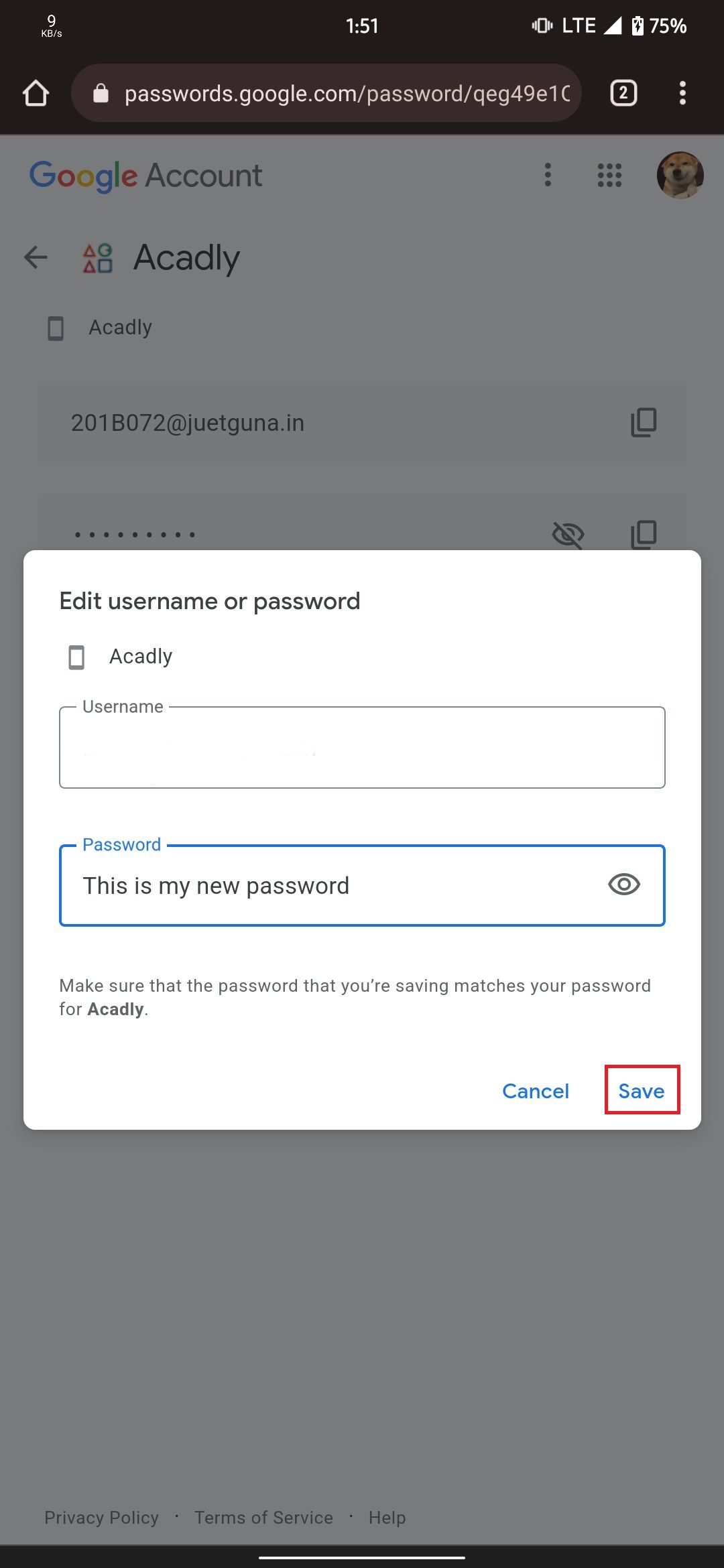 Editing password page where the password can be edited