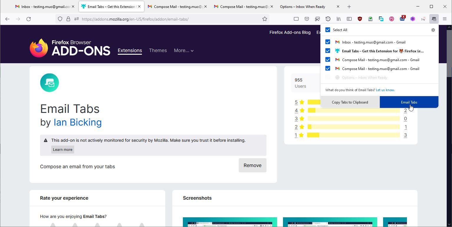 A Screenshot of Email Tabs Add-On in Use