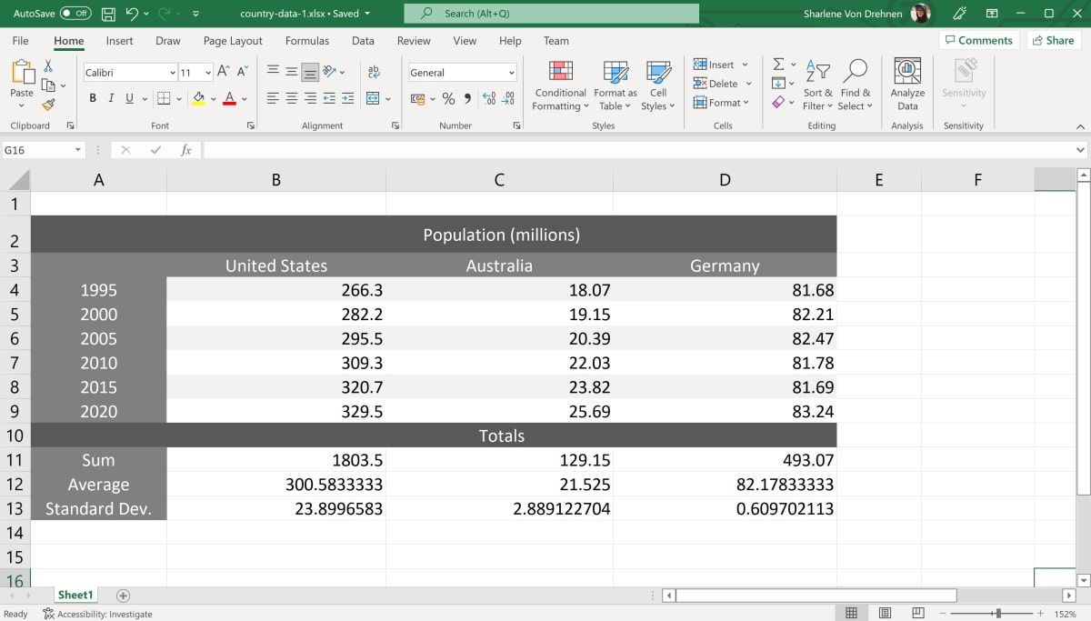 Excel File opened with Sum, Average, and Standard Deviation Filled