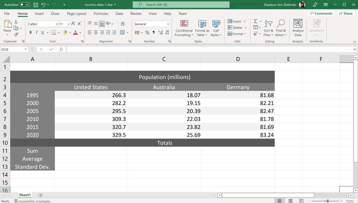 Excel File opened with table of population data