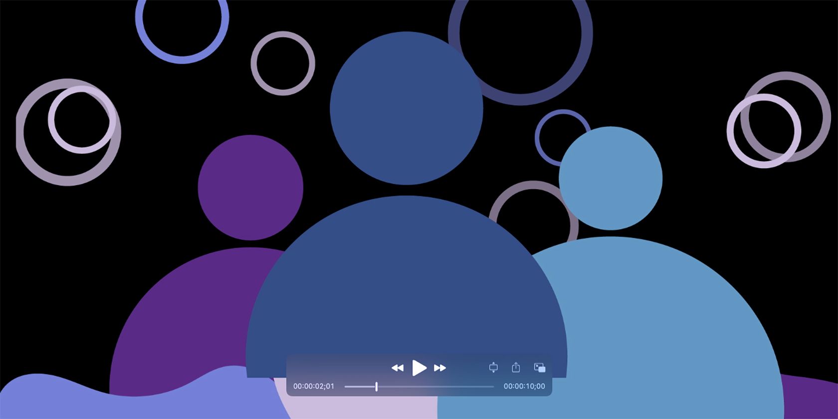 Screenshot of video still Illustration with black background, 3 human minimalist shapes in purple and blue, with a background of circles in those colors.