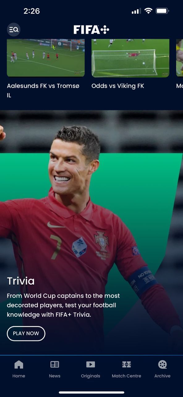 FIFA+ showing trivia game