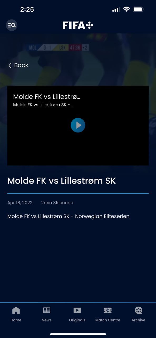 FIFA+ highlights showing Molde FK vs Lillestrom SK