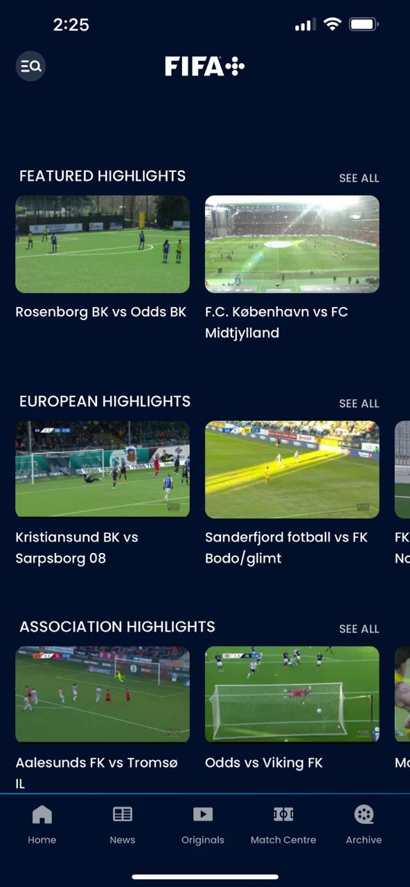 FIFA+ dashboard showing a selection of highlights