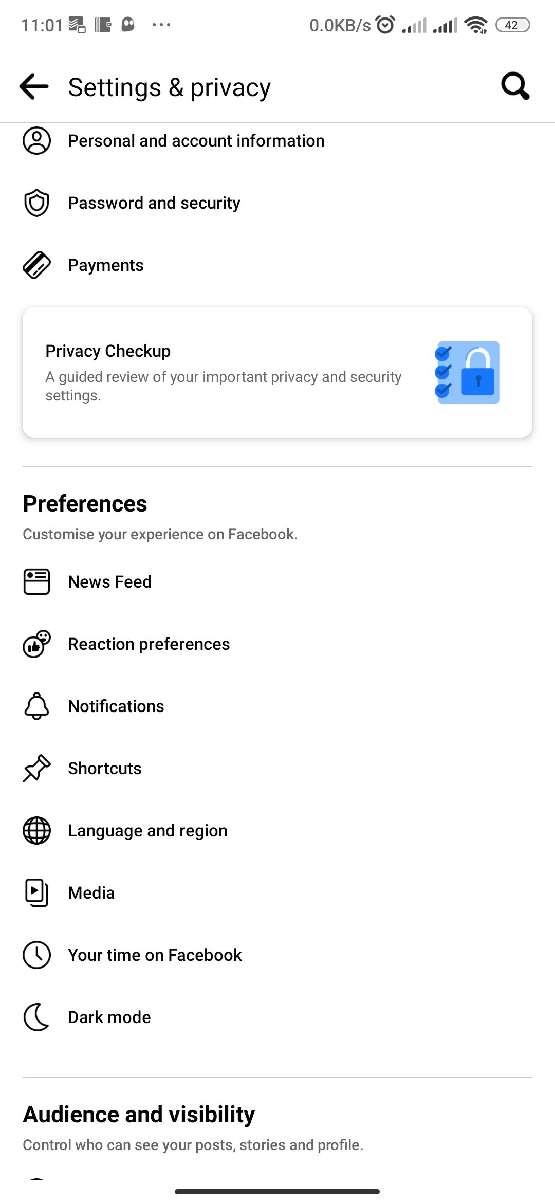 Preferences section in Facebook's Android app