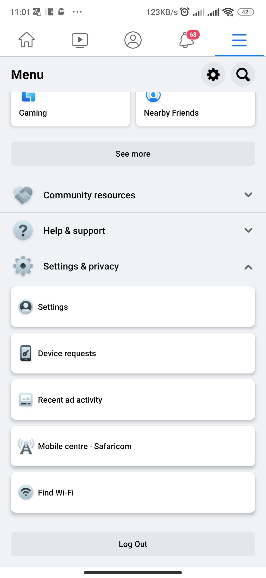 Screenshot of Facebook Android's menu options