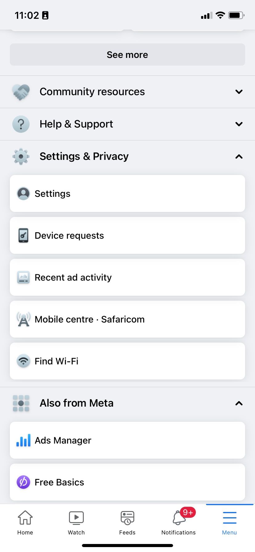 Settings and privacy option in Facebook's iOS app