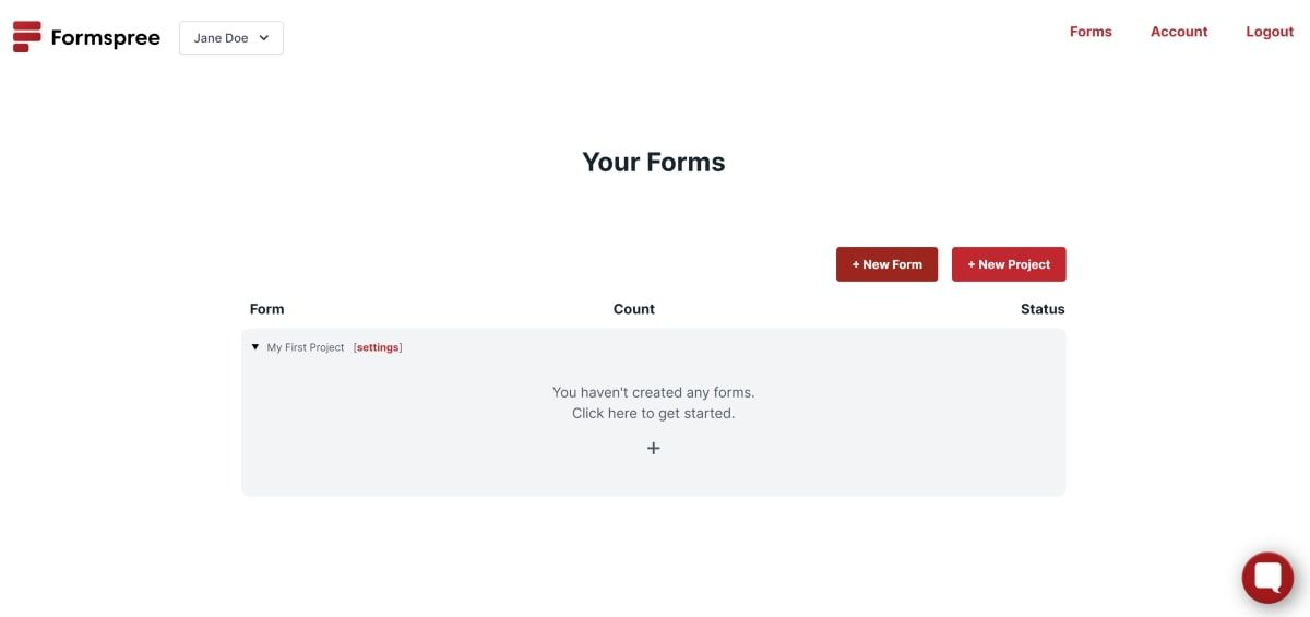 Formspree Forms Page - New Forms Button