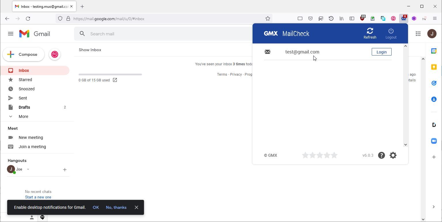 A Screenshot of GMX MailCheck Add-On in Use